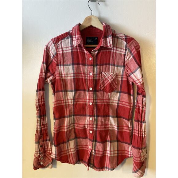 American Eagle Outfitters Women's Pink Plaid Flannel Button Down Size 10 - Picture 1 of 11